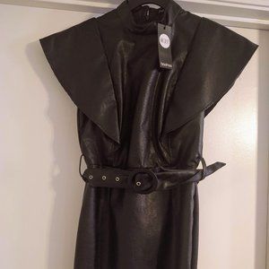 pu belted frill shoulder bodycon dress